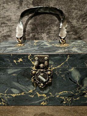 Vintage Box Purse Marbled Wood With Lucite Handle 1950s 1960s